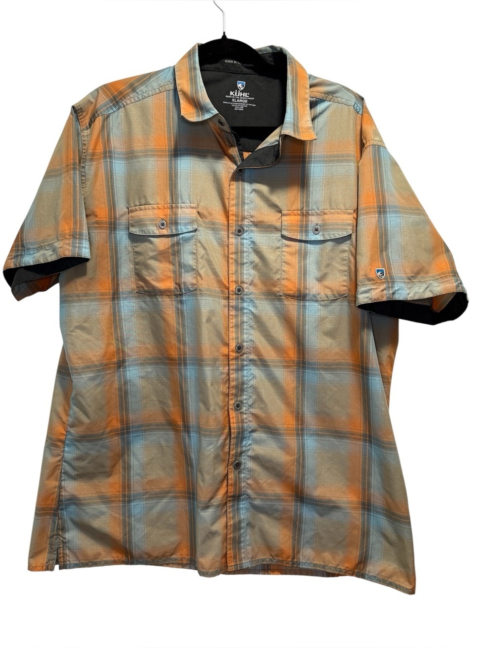 KÜHL Short Sleeve Orange Light Blue Plaid Button Shirt Gorpcore Hiking Mens XL